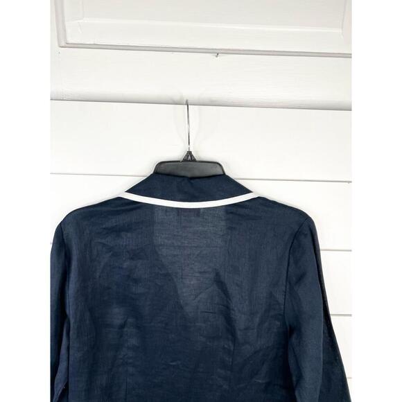 Talbots Ruffle Front Blue Linen Blouse 3/4 Sleeves Contrast Trim Womens Size 8 - Picture 6 of 12